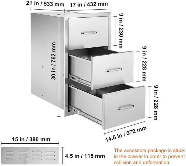 Alt view image 3 of 7 - 17W x 30H x 21D Inch Outdoor Kitchen Stainless Steel Double Access Drawers with Paper Towel Holder Combo for BBQ Island or Grill Station