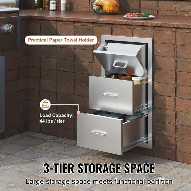 Alt view image 5 of 7 - 17W x 30H x 21D Inch Outdoor Kitchen Stainless Steel Double Access Drawers with Paper Towel Holder Combo for BBQ Island or Grill Station