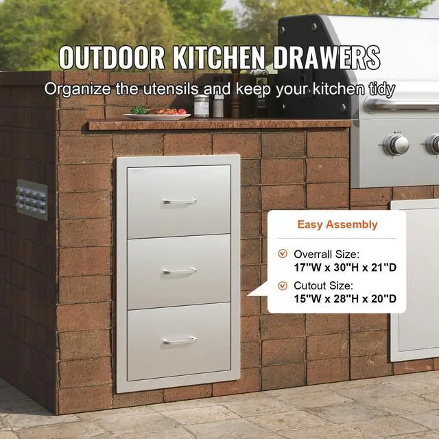 Alt view image 7 of 7 - 17W x 30H x 21D Inch Outdoor Kitchen Stainless Steel Double Access Drawers with Paper Towel Holder Combo for BBQ Island or Grill Station