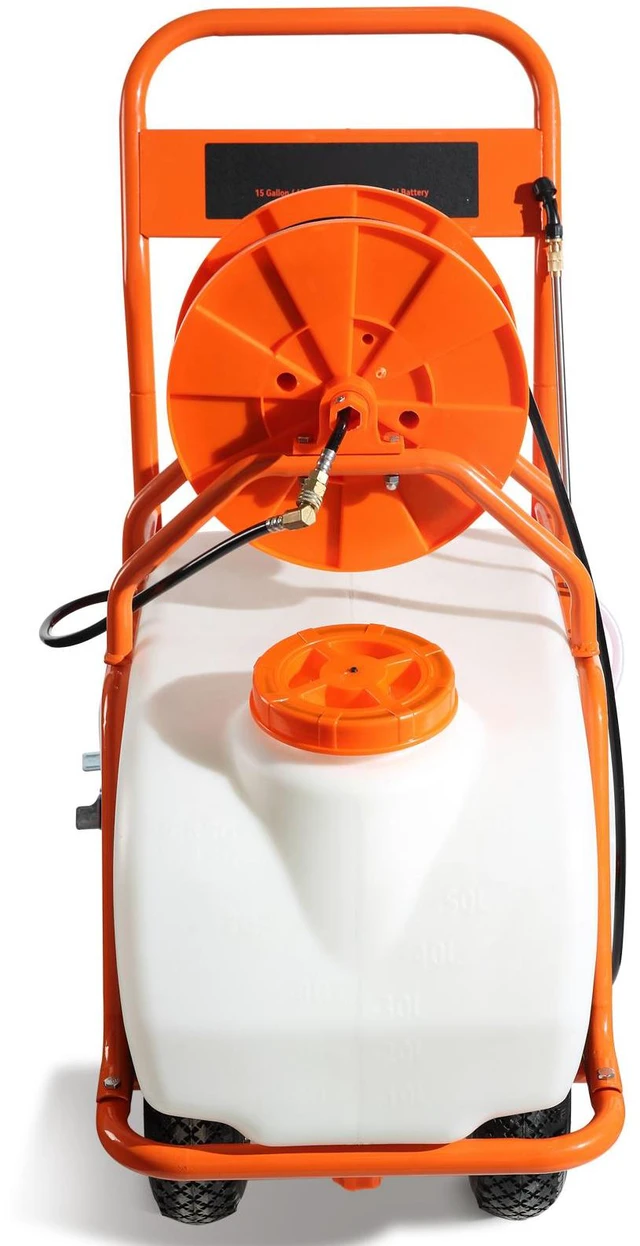 Alt view image 6 of 7 - Battery Powered Lawn Sprayer on Wheel, 0-90 PSI Adjustable Pressure, 15 Gallon Tank, Cart Sprayer with 8 Nozzles and 2 Wands, 12V 12Ah Battery, Wide Mouth Lid for Weeding, Spraying