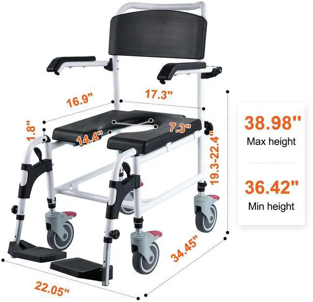 Alt view image 2 of 7 - Shower Commode Wheelchair with 4 Lockable Wheels, Footrests, Flip-up Arms, 3-Level Adjustable Height, 5L Removable Bucket, 350 LBS Capacity, Commode Chair for Adults Seniors