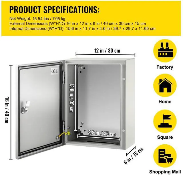 Alt view image 3 of 7 - Electrical Enclosure Box, 16'' ×12'' ×6'', Carbon Steel Hinged Junction Box, IP66 Waterproof & Dustproof, Outdoor Electrical Box, with Mounting Plate