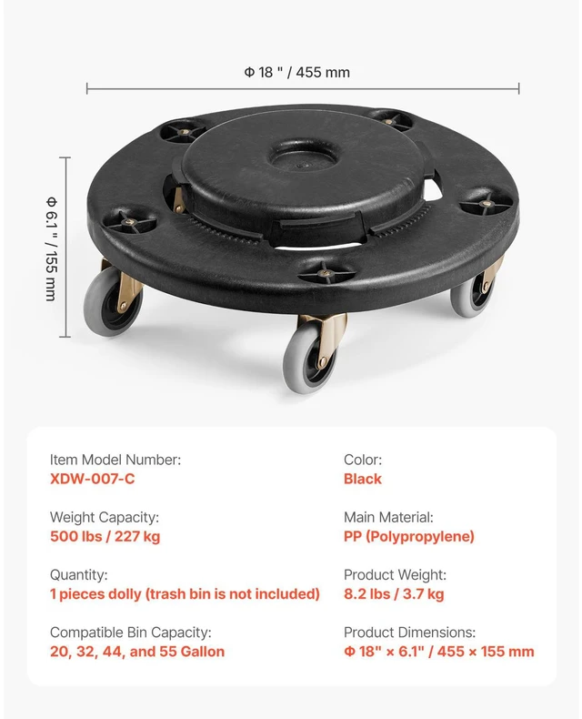 Alt view image 6 of 7 - Round Trash Can Dolly Fit 20, 32, 44, 55 Gal Garbage Container 500lbs Heavy Duty