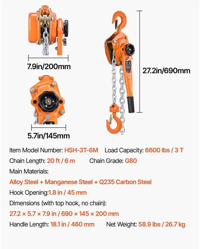 Alt view image 6 of 7 - Manual Lever Chain Hoist, 3T 6600LBS Capacity Heavy Duty Come Along, 20FT Lift G80 Alloy Steel Chain With Dual Pawl Mechanical Brake,360°Rotating Hooks, for Warehouse Construction Garage