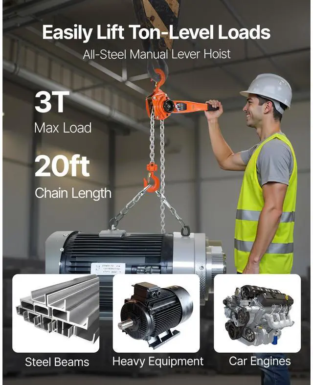 Alt view image 5 of 7 - Manual Lever Chain Hoist, 3T 6600LBS Capacity Heavy Duty Come Along, 20FT Lift G80 Alloy Steel Chain With Dual Pawl Mechanical Brake,360°Rotating Hooks, for Warehouse Construction Garage