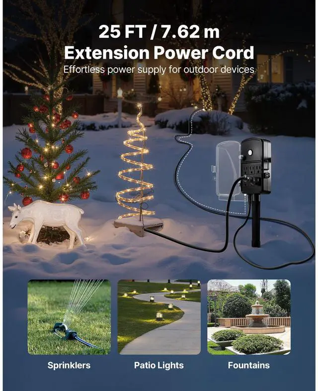Alt view image 4 of 7 - Outdoor Power Stake, 25 FT Extension Cord, Outdoor Power Strip Weatherproof with Cover and Overload Protection, 6 Outlets, 15A/1875W, Waterproof Multi-Outlet Yard Stake for Christmas Lights