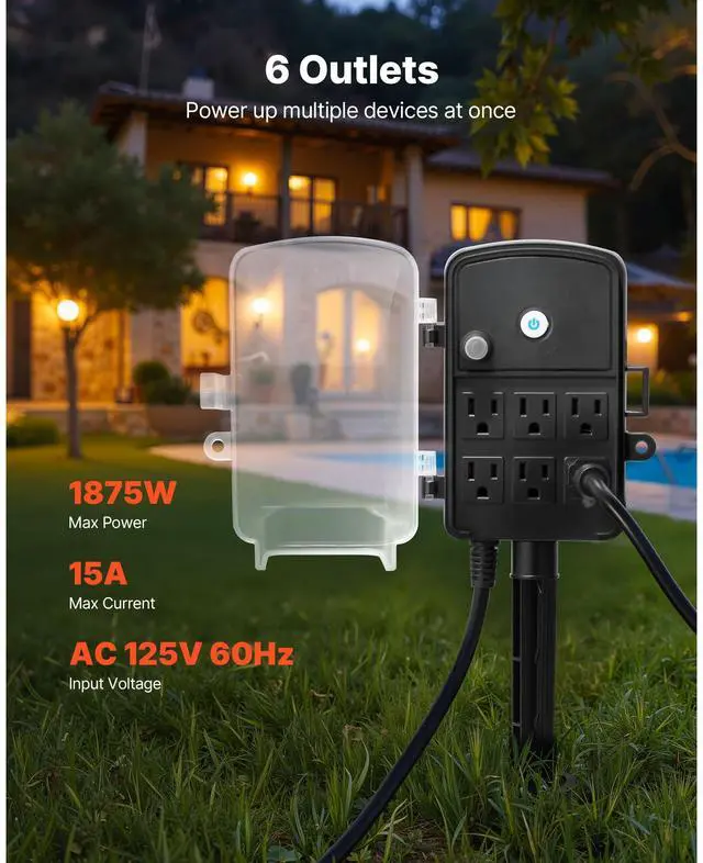 Alt view image 5 of 7 - Outdoor Power Stake, 25 FT Extension Cord, Outdoor Power Strip Weatherproof with Cover and Overload Protection, 6 Outlets, 15A/1875W, Waterproof Multi-Outlet Yard Stake for Christmas Lights