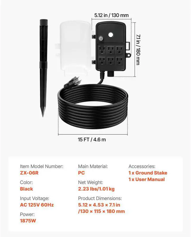 Alt view image 6 of 7 - Outdoor Power Stake, 25 FT Extension Cord, Outdoor Power Strip Weatherproof with Cover and Overload Protection, 6 Outlets, 15A/1875W, Waterproof Multi-Outlet Yard Stake for Christmas Lights