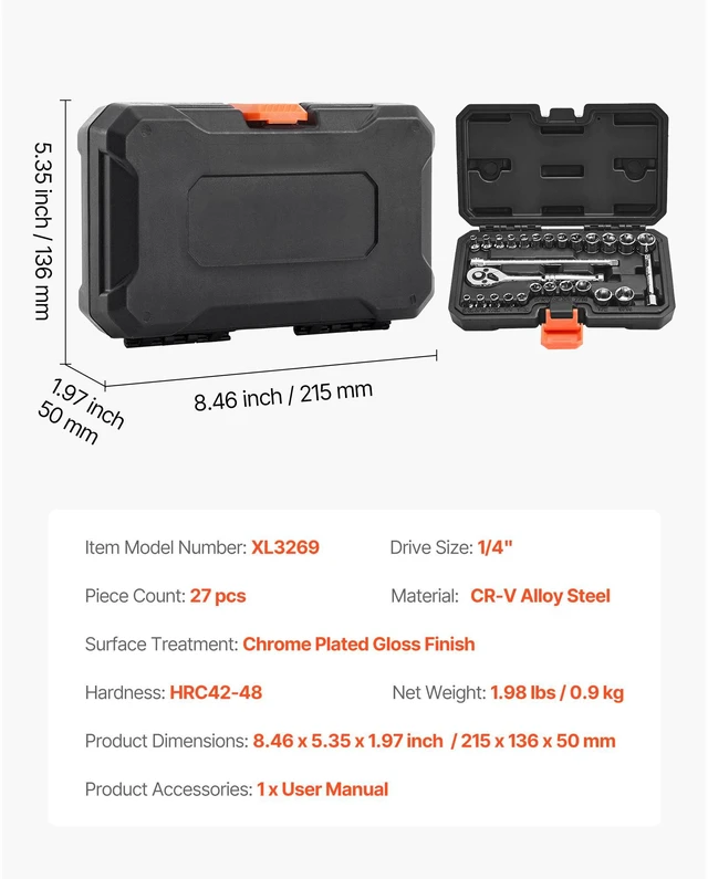 Alt view image 3 of 7 - Socket Set, 27 Pieces, 1/4 inch Drive Socket and Ratchet Set, SAE and Metric, Mechanic Tool Kit with Ratchet Wrench, Extension Bar and Storage Case, CR-V Alloy Steel, for Automotive Repair