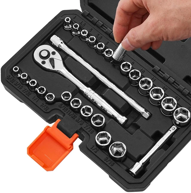 Alt view image 2 of 7 - Socket Set, 27 Pieces, 1/4 inch Drive Socket and Ratchet Set, SAE and Metric, Mechanic Tool Kit with Ratchet Wrench, Extension Bar and Storage Case, CR-V Alloy Steel, for Automotive Repair