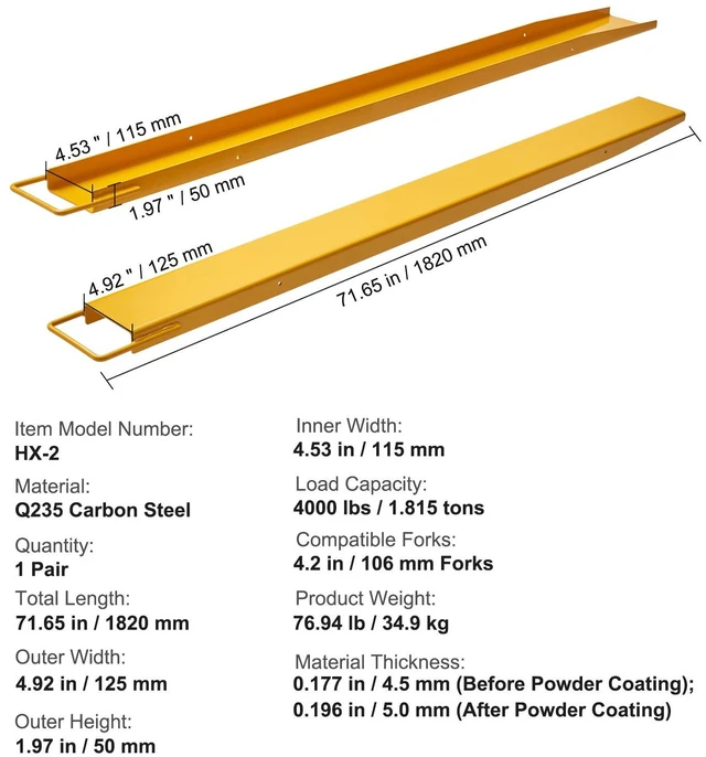 Alt view image 4 of 7 - Pallet Fork Extensions, 72" Length 4.5" Width, Heavy Duty Carbon Steel Fork Extensions for Forklifts, 1 Pair Forklift Extensions, Industrial Forklift Fork Attachments for Forklift Truck, Yellow