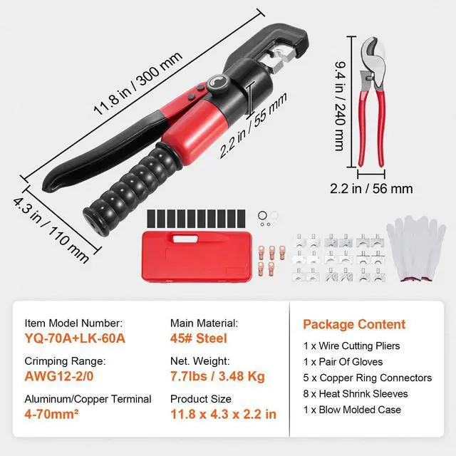 Alt view image 7 of 7 - Hydraulic Crimping Tool with 9 Sets of Dies AWG12-2/0 Copper And Aluminum Terminal Battery Lug Crimper, with a Cutting Pliers, Gloves, 10pcs Copper Ring Connectors, 8pcs Heat Shrink Sleeves