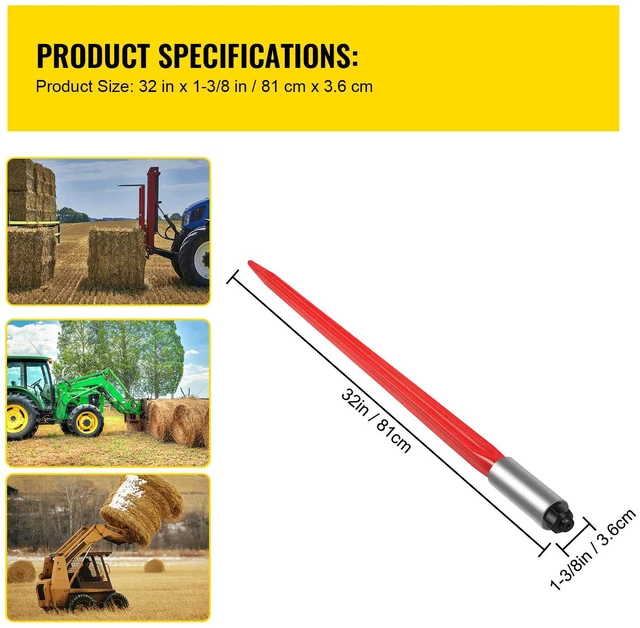 Alt view image 5 of 7 - Hay Spear 32" Bale Spear 1350 lbs Capacity, Bale Spike Quick Attach Square Hay Bale Spears 1.4" Wide, Red Coated Bale Forks, Bale Hay Spike with Hex Nut & Sleeve for Buckets Tractors Loaders