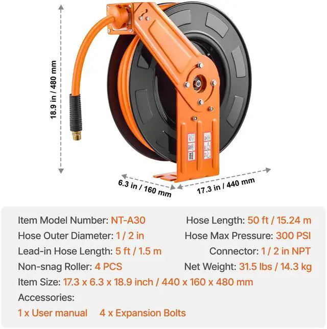 Alt view image 7 of 7 - Retractable Air Hose Reel 1/2 IN x 50 FT Hybrid Air Hose Reel Max 300 PSI