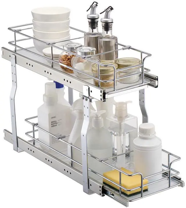 Alt view image 6 of 7 - 2-Tier 8.5"Wx21"Dx15"H Wire Pull Out Cabinet Under Sink Organizer Drawer Basket, 10"Wx22"Dx18"H Install Size for Cabinet