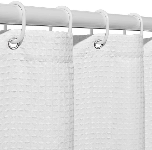 Alt view image 3 of 7 - White Fabric Shower Curtain, 240 GSM Weighted Waffle Shower Curtains, Polyester Curtain with Rust-Resistant Hooks, Machine Washable & Water Repellent, for Bathroom Showers, Bath Tubs, 72x72 in