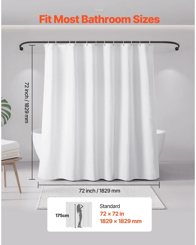 Alt view image 5 of 7 - White Fabric Shower Curtain, 240 GSM Weighted Waffle Shower Curtains, Polyester Curtain with Rust-Resistant Hooks, Machine Washable & Water Repellent, for Bathroom Showers, Bath Tubs, 72x72 in