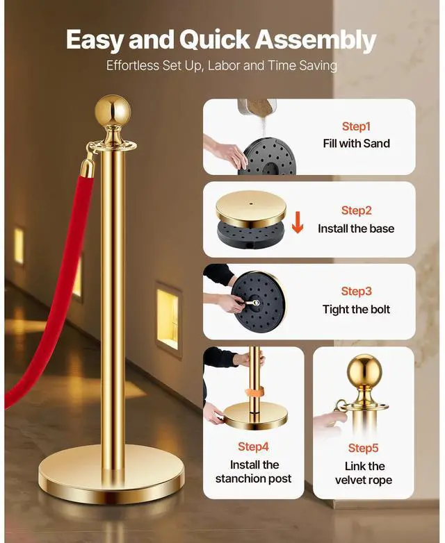 Alt view image 6 of 7 - Stanchions and Velvet Ropes 8Pcs, Hollow Base with Stainless Steel Post, 6 Red Velvet Ropes and Posts, Crowd Control Barriers Gold Stanchions, Red Carpet Runner Poles for Party Supplies
