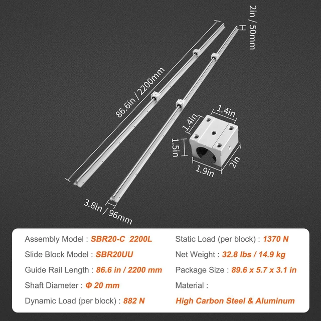 Alt view image 3 of 7 - Linear Guide Rail Set, SBR20 2200mm, 2 PCS 86.6 in/2200 mm SBR20 Guide Rails and 4 PCS SBR20UU Slide Blocks, Linear Rails and Bearings Kit for Automated Machines DIY Project CNC Router Machines