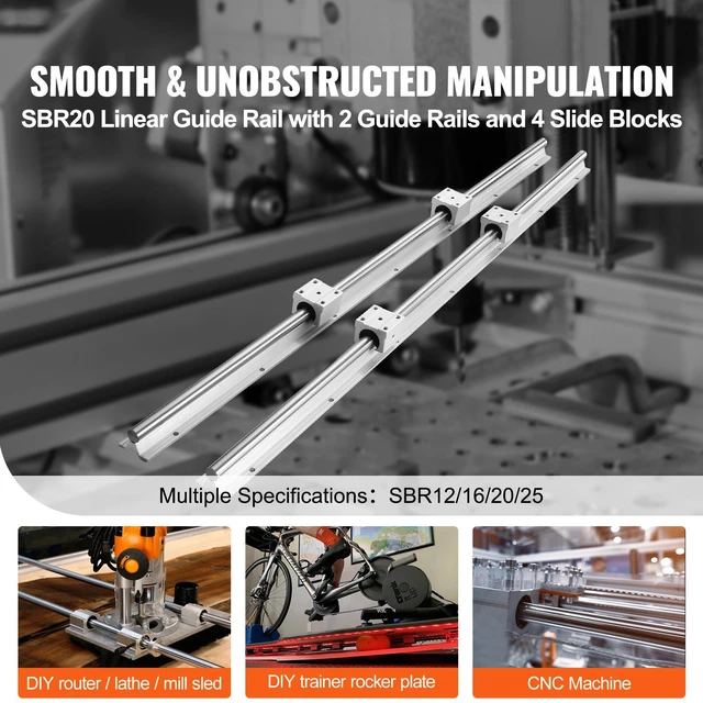 Alt view image 4 of 7 - Linear Guide Rail Set, SBR20 2200mm, 2 PCS 86.6 in/2200 mm SBR20 Guide Rails and 4 PCS SBR20UU Slide Blocks, Linear Rails and Bearings Kit for Automated Machines DIY Project CNC Router Machines