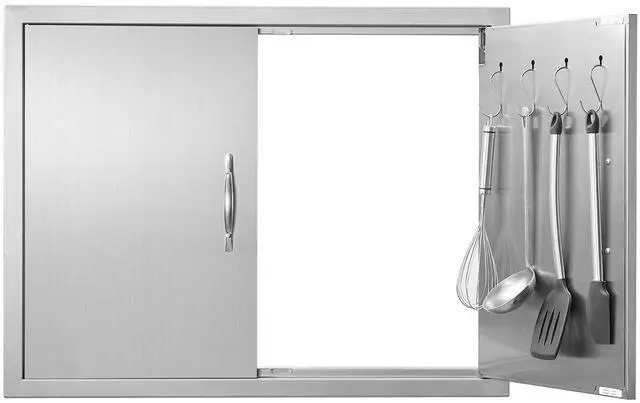 Alt view image 5 of 7 - BBQ Access Door, 31W x 24H Inch Double Outdoor Kitchen Door, Stainless Steel Flush Mount Door, Double Wall Vertical Door with Handles and Hooks, for BBQ Island, Grilling Station, Outside Cabinet