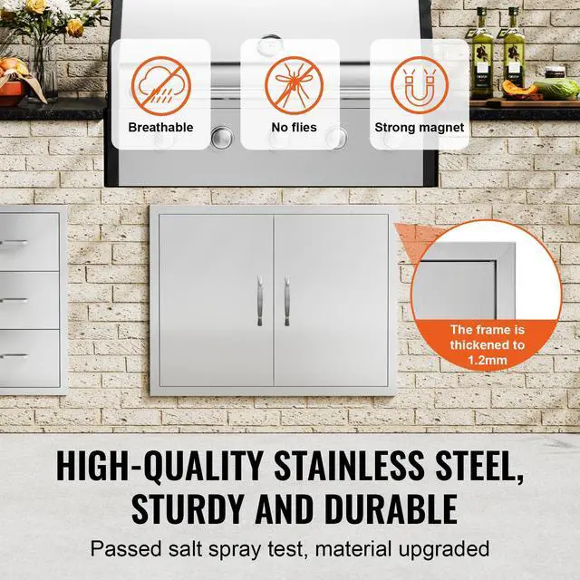 Alt view image 6 of 7 - BBQ Access Door, 31W x 24H Inch Double Outdoor Kitchen Door, Stainless Steel Flush Mount Door, Double Wall Vertical Door with Handles and Hooks, for BBQ Island, Grilling Station, Outside Cabinet