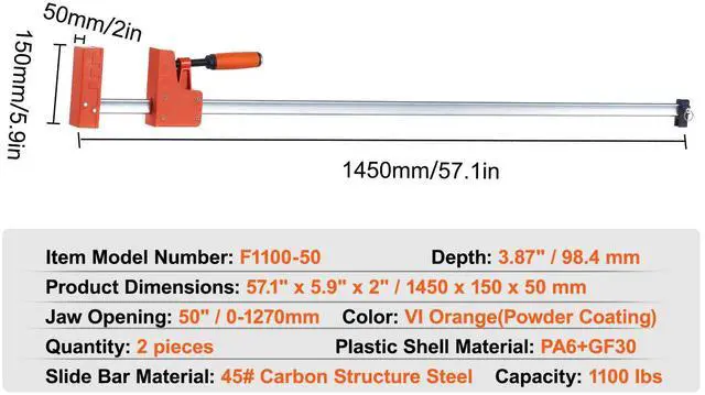 Alt view image 4 of 7 - Bar Clamps for Woodworking, 2-Pack 50" Parallel Clamp Set, F Clamp with 1100 lbs Load Limit, Even Pressure, High-strength Plastic and Carbon Steel, Wood clamps for Woodworking Metal Working