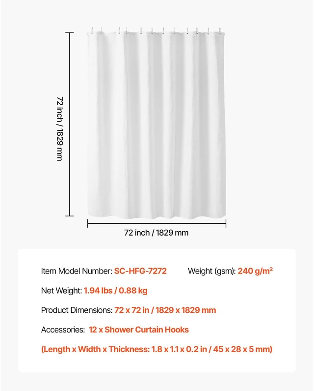 Alt view image 7 of 7 - White Fabric Shower Curtain, 240 GSM Weighted Waffle Shower Curtains, Polyester Curtain with Rust-Resistant Hooks, Machine Washable & Water Repellent, for Bathroom Showers, Bath Tubs, 72x72 in