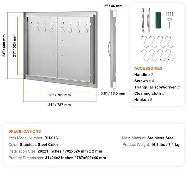 Alt view image 4 of 7 - BBQ Access Door, 31W x 24H Inch Double Outdoor Kitchen Door, Stainless Steel Flush Mount Door, Double Wall Vertical Door with Handles and Hooks, for BBQ Island, Grilling Station, Outside Cabinet