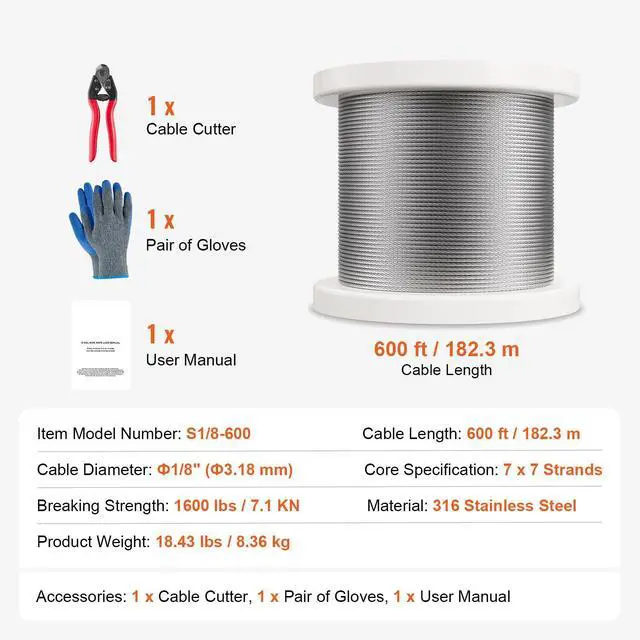 Alt view image 4 of 7 - T316 Stainless Steel Cable 1/8" 7x7 Steel Wire Rope 600 ft Cable Railing