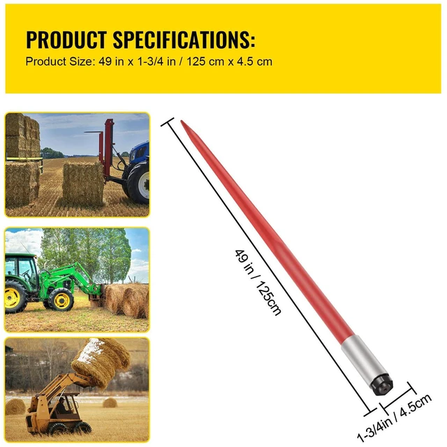 Alt view image 5 of 7 - Hay Spear 49" Bale Spear 4500 lbs Capacity, Bale Spike Quick Attach Square Hay Bale Spears 1 3/4" wide, Red Coated Bale Forks, Bale Hay Spike with Hex Nut & Sleeve for Buckets Tractors Loaders
