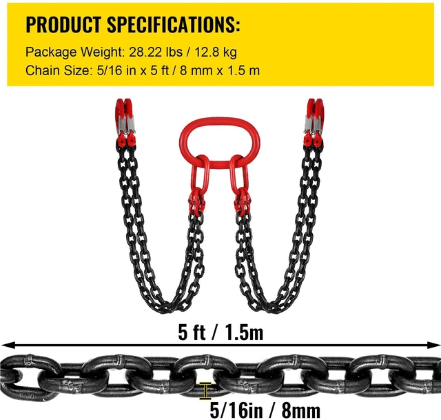 Alt view image 3 of 7 - 5Ft Chain Sling 5/16 Inch X 5 Ft Engine Lift Chain G80 Alloy Steel Engine Chain Hoist Lifts 3 Ton with 4 Leg Grab Hooks
