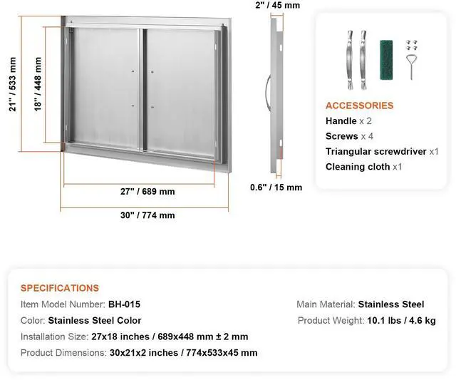 Alt view image 3 of 7 - BBQ Access Door, 30W x 21H Inch Double Outdoor Kitchen Door, Stainless Steel Flush Mount Door, Wall Vertical Door with Handles, for BBQ Island, Grilling Station, Outside Cabinet