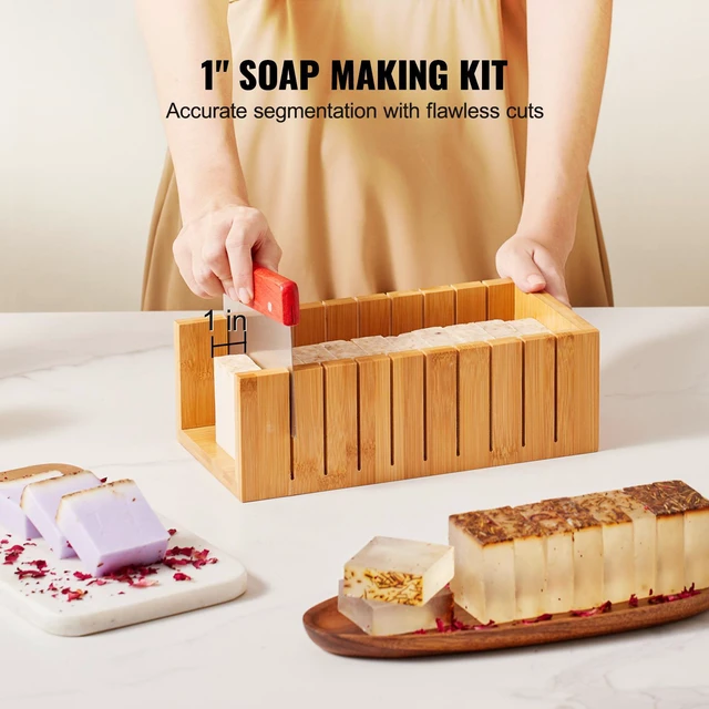 Alt view image 2 of 7 - Soap Making Kit, Bamboo Cutting Box and Inner Box with Silicone Mold, Stainless Steel Straight Cutter and Wavy Cutter, 100 Bags and 105 Stickers, Soap Making Supplies DIY Kits for Adults