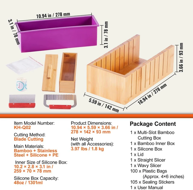 Alt view image 5 of 7 - Soap Making Kit, Bamboo Cutting Box and Inner Box with Silicone Mold, Stainless Steel Straight Cutter and Wavy Cutter, 100 Bags and 105 Stickers, Soap Making Supplies DIY Kits for Adults
