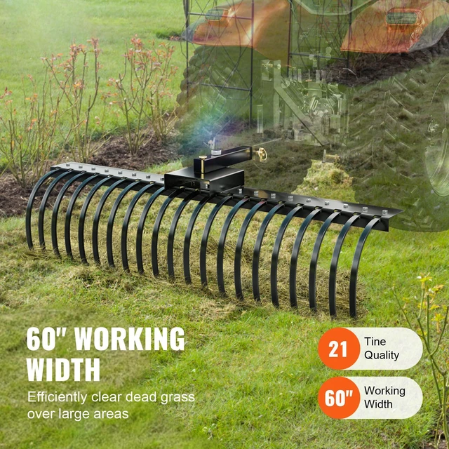 Alt view image 7 of 7 - Tow Behind Landscape Rake, 60" Tow Dethatcher with 21 Steel Coil Tines, Lawn Dethatcher Rake Attaches to 48" or 60" Toolbars and 3-point Suspension Systems, for Leaves, Pine Needles, and Grass