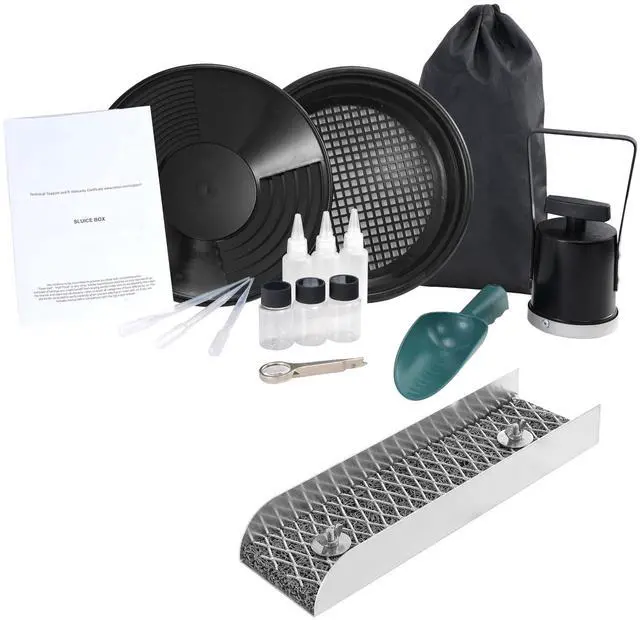 Main image of Mini Sluice Box Gold Panning Kit, 12inch Aluminum Alloy Gold Mining Equipment, 16 PCS Gold Prospecting Kit with Gold Pan, Separating Magnet, Classifier Screen, Drawstring Backpack and More