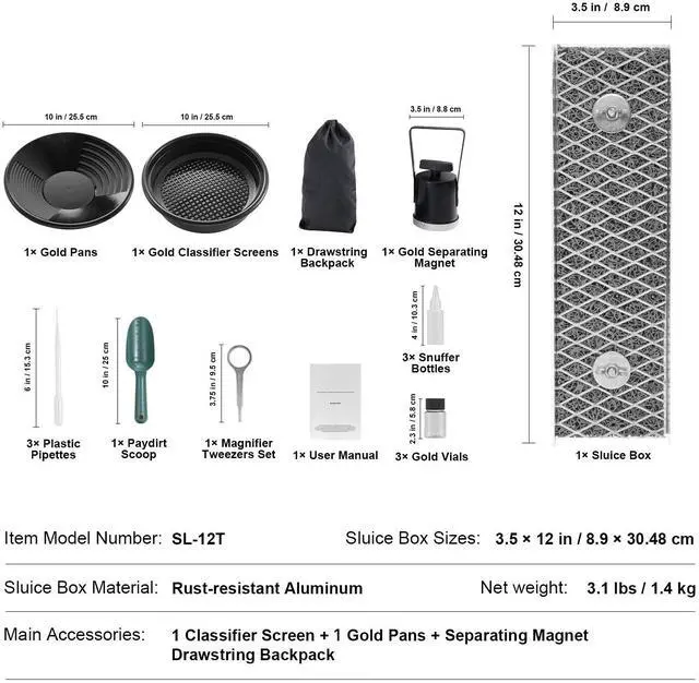 Alt view image 5 of 7 - Mini Sluice Box Gold Panning Kit, 12inch Aluminum Alloy Gold Mining Equipment, 16 PCS Gold Prospecting Kit with Gold Pan, Separating Magnet, Classifier Screen, Drawstring Backpack and More