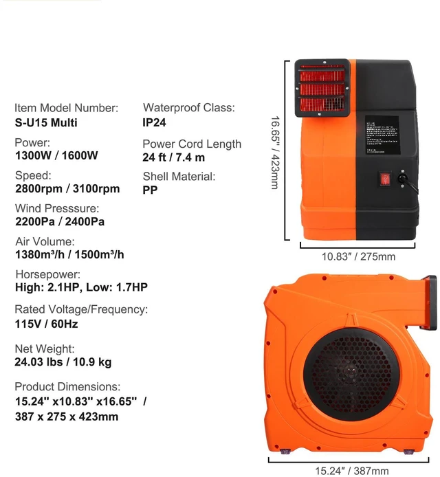 Alt view image 5 of 7 - Inflatable Blower, 1500W, 2 & 2.1 HP Bounce House Blower, Pump Commercial Air Blower for Inflatables, 3100 RPM Bouncy Castle Electric Fan Perfect for Bounce House, Tested to UL Standards