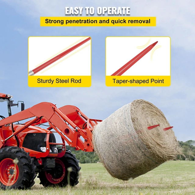Alt view image 2 of 7 - Hay Spear 49" Bale Spear 4500 lbs Capacity, Bale Spike Quick Attach Square Hay Bale Spears 1 3/4" wide, Red Coated Bale Forks, Bale Hay Spike with Hex Nut & Sleeve for Buckets Tractors Loaders