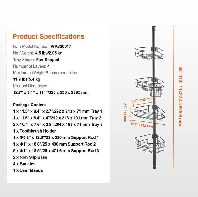 Alt view image 5 of 7 - 56" to 114" High Shower Corner Caddy Tension Pole Rust-Proof Tension Pole