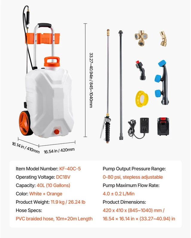 Alt view image 7 of 7 - 10 Gal Battery Powered Sprayer with Cart Wheeled 0-80 PSI Electric Weed Sprayer