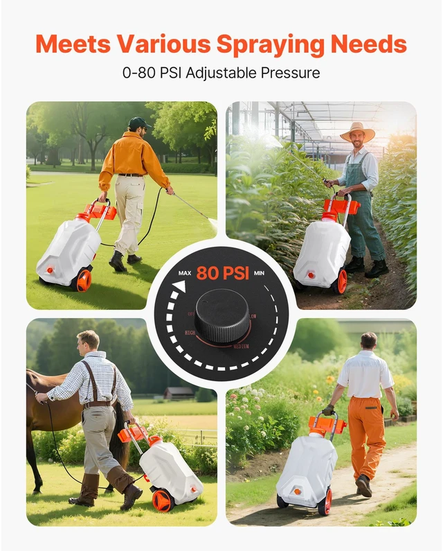 Alt view image 6 of 7 - 10 Gal Battery Powered Sprayer with Cart Wheeled 0-80 PSI Electric Weed Sprayer