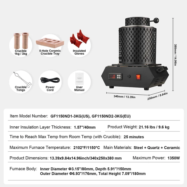 Alt view image 3 of 7 - Gold Melting Furnace, 1350W, 2102 Max Temperature, Digital Electric Melting Furnace with 1 kg and 3 kg Ceramic Crucibles, Crucible Tongs, and Gloves, for Gold, Silver, Aluminum, Copper