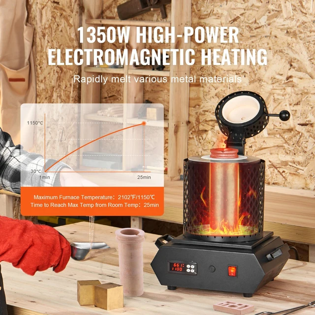 Alt view image 4 of 7 - Gold Melting Furnace, 1350W, 2102 Max Temperature, Digital Electric Melting Furnace with 1 kg and 3 kg Ceramic Crucibles, Crucible Tongs, and Gloves, for Gold, Silver, Aluminum, Copper