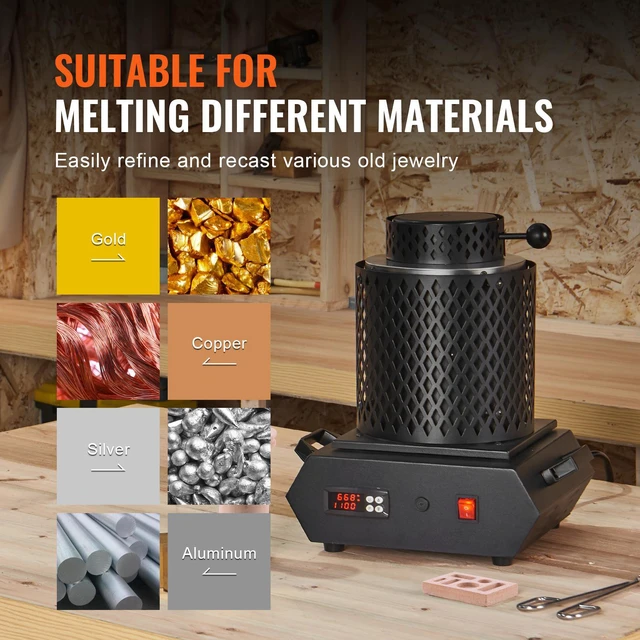 Alt view image 5 of 7 - Gold Melting Furnace, 1350W, 2102 Max Temperature, Digital Electric Melting Furnace with 1 kg and 3 kg Ceramic Crucibles, Crucible Tongs, and Gloves, for Gold, Silver, Aluminum, Copper