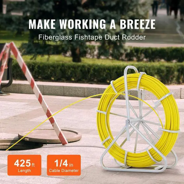 Alt view image 6 of 7 - Fish Tape Fiberglass, 425 ft, 1/4 inch, Duct Rodder Fishtape Wire Puller, Cable Running Rod with Steel Reel Stand, 3 Pulling Heads, Fishing Tools for Walls and Electrical Conduit, Non-Conductive