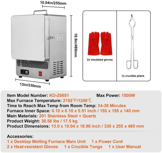 Alt view image 7 of 7 - Tabletop Kiln Melter, 1500W Electric Kiln, 2192 Max Temperature, Precise Control, Stainless Steel, Gold Melting Furnace for Wax Casting, Clay DIY, Metal Tempering, Glazing on Pottery, Silver