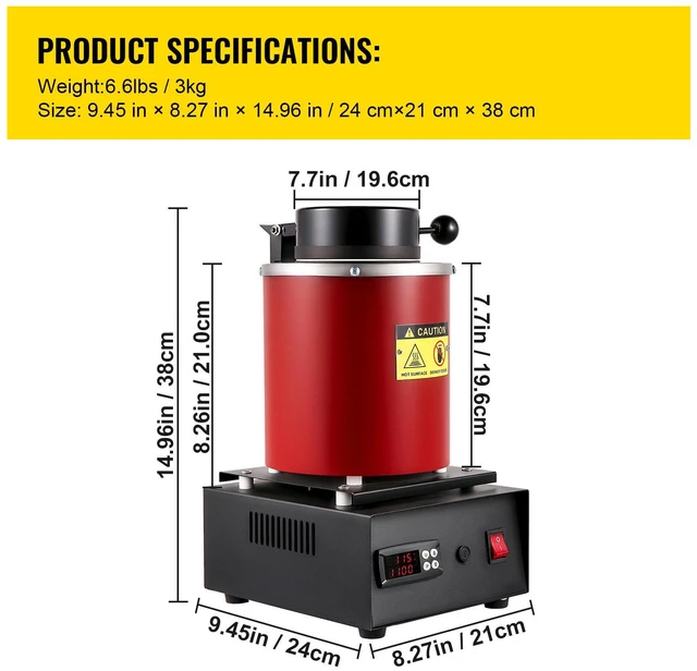 Alt view image 7 of 7 - Gold Melting Furnace, 1350W, 2102 Max Temperature, 3 kg Digital Electric Melting Furnace, with 1 kg and 3 kg Ceramic Crucible and Ingot Die for Processing of Gold, Silver, Aluminum, Copper