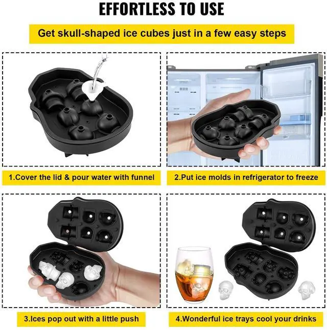 Alt view image 2 of 7 - Skull Ice Cube Tray, 6-Grid Skull Ice Ball Maker, Flexible Black Silicone Ice Tray with Lid & Funnel, Skull Ice Cubes in 3 Distinct Patterns for Beverages & Chocolates on Parties & Holidays